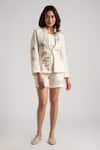 Buy_KAVERI_Off White 100% Linen Embroidery Flower Corsage Jacket Shorts Set  _at_Aza_Fashions