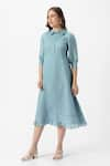 Buy_KAVERI_Blue 100% Linen Solid Collar Teepee Frilly Poet Sleeves Midi Dress  _at_Aza_Fashions