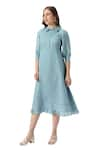 KAVERI_Blue 100% Linen Solid Collar Teepee Frilly Poet Sleeves Midi Dress  _Online_at_Aza_Fashions