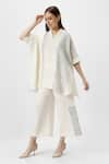 KAVERI_Off White 100% Linen Print Foil V Neck Forest Land Square Boxy Top  _Online_at_Aza_Fashions