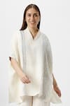 Shop_KAVERI_Off White 100% Linen Print Foil V Neck Forest Land Square Boxy Top  