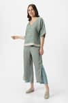 KAVERI_Green 100% Linen Solid V Neck Zen Layered Top With Pant  _at_Aza_Fashions