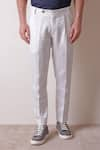 Lacquer Embassy_White Pure Linen Solid Grigio Plain Straight Fit Trouser  _Online_at_Aza_Fashions