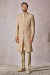 Buy_Tarun Tahiliani_Gold Suiting Embroidery Silk Thread Sherwani Trouser Set_at_Aza_Fashions