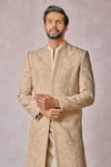 Shop_Tarun Tahiliani_Gold Suiting Embroidery Silk Thread Sherwani Trouser Set_Online_at_Aza_Fashions