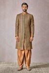 Tarun Tahiliani_Multi Color Linen Print Mandala Kasheeda Embroidered Sherwani Salwar Set_Online_at_Aza_Fashions