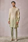 Buy_Tarun Tahiliani_Beige Cotton Moss Embroidered Yoke Abstract Hand Kurta With Trouser _at_Aza_Fashions