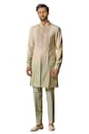 Tarun Tahiliani_Beige Cotton Moss Embroidered Yoke Abstract Hand Kurta With Trouser _Online_at_Aza_Fashions