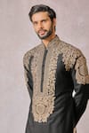 Tarun Tahiliani_Black Tussar Viscose Slub Hand Embroidery Floral Kurta With Churidar_at_Aza_Fashions