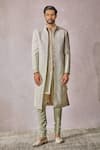 Buy_Tarun Tahiliani_Beige Ready Chikan Fabric Embroidery Floral Flower Bloom Sherwani Trouser Set _at_Aza_Fashions