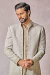 Shop_Tarun Tahiliani_Beige Ready Chikan Fabric Embroidery Floral Flower Bloom Sherwani Trouser Set _Online_at_Aza_Fashions