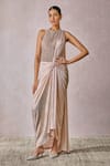 Buy_Tarun Tahiliani_Pink Concept Saree Foil Jersey Embellished Pearl Halter Metallic With Corset _at_Aza_Fashions