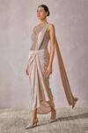 Tarun Tahiliani_Pink Concept Saree Foil Jersey Embellished Pearl Halter Metallic With Corset _Online_at_Aza_Fashions