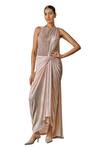 Buy_Tarun Tahiliani_Pink Concept Saree Foil Jersey Embellished Pearl Halter Metallic With Corset _Online_at_Aza_Fashions