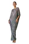 Tarun Tahiliani_Green Foil Jersey Printed Phulkari Round Neck Kaftan_Online_at_Aza_Fashions