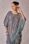 Shop_Tarun Tahiliani_Green Foil Jersey Printed Phulkari Round Neck Kaftan_Online_at_Aza_Fashions
