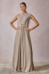 Buy_Tarun Tahiliani_Silver Double Viscose Georgette Embroidery Swarovski V Neck Draped Dress _at_Aza_Fashions