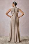 Shop_Tarun Tahiliani_Silver Double Viscose Georgette Embroidery Swarovski V Neck Draped Dress _at_Aza_Fashions