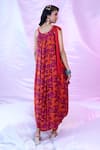 SIARRA_Purple Satin Chiffon Printed Leaf Round Draped Dress _Online_at_Aza_Fashions