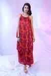 Shop_SIARRA_Purple Satin Chiffon Printed Leaf Round Draped Dress _Online_at_Aza_Fashions