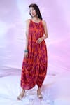 SIARRA_Purple Satin Chiffon Printed Leaf Round Draped Dress _at_Aza_Fashions