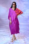 Buy_SIARRA x AZA_Purple Satin Chiffon Printed Leaf V-neck Panel Dress_at_Aza_Fashions