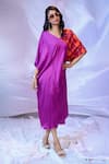 Buy_SIARRA x AZA_Purple Satin Chiffon Printed Leaf V-neck Panel Dress_Online_at_Aza_Fashions