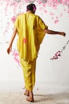 Shop_Basil Leaf_Yellow Chinon Chiffon Printed Floral V Neck Kaftan And Pant Set _at_Aza_Fashions