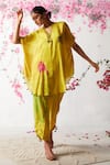Basil Leaf_Yellow Chinon Chiffon Printed Floral V Neck Kaftan And Pant Set _Online_at_Aza_Fashions