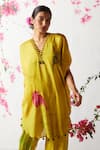 Shop_Basil Leaf_Yellow Chinon Chiffon Printed Floral V Neck Kaftan And Pant Set _Online_at_Aza_Fashions