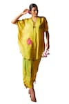 Buy_Basil Leaf_Yellow Chinon Chiffon Printed Floral V Neck Kaftan And Pant Set 