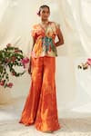 Buy_Basil Leaf_Orange Chinon Chiffon Printed Floral Deep V Neck Pattern Kurta And Flared Pant Set_at_Aza_Fashions