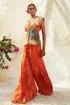 Basil Leaf_Orange Chinon Chiffon Printed Floral Deep V Neck Pattern Kurta And Flared Pant Set_Online_at_Aza_Fashions