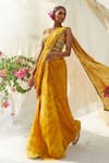 Buy_Basil Leaf_Yellow Chinon Chiffon Printed Floral V Neck Pre-draped Saree Set_at_Aza_Fashions