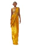 Shop_Basil Leaf_Yellow Chinon Chiffon Printed Floral V Neck Pre-draped Saree Set