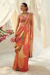 Buy_Basil Leaf_Peach Chinon Chiffon Printed Floral V Neck Pre-draped Saree Set _at_Aza_Fashions