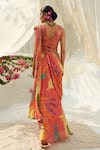 Shop_Basil Leaf_Peach Chinon Chiffon Printed Floral V Neck Pre-draped Saree Set _at_Aza_Fashions