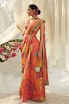 Basil Leaf_Peach Chinon Chiffon Printed Floral V Neck Pre-draped Saree Set _Online_at_Aza_Fashions