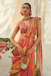 Buy_Basil Leaf_Peach Chinon Chiffon Printed Floral V Neck Pre-draped Saree Set _Online_at_Aza_Fashions