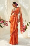Buy_Basil Leaf_Orange Chinon Chiffon Printed Floral V Neck Flower Pre-draped Saree Set_at_Aza_Fashions