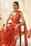 Shop_Basil Leaf_Orange Chinon Chiffon Printed Floral V Neck Flower Pre-draped Saree Set_at_Aza_Fashions