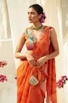 Basil Leaf_Orange Chinon Chiffon Printed Floral V Neck Flower Pre-draped Saree Set_Online_at_Aza_Fashions