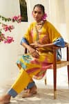 Basil Leaf_Yellow Chinon Chiffon Print Tropical V Neck Kaftan With Pant_Online_at_Aza_Fashions