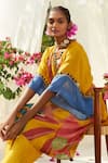 Buy_Basil Leaf_Yellow Chinon Chiffon Print Tropical V Neck Kaftan With Pant_Online_at_Aza_Fashions