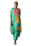 Buy_Basil Leaf_Green Chiffon Embroidery V-neck Flower Bloom Print Kurta With Pant 