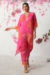 Buy Basil Leaf Pink Chiffon Embroidery V-neck Rose Bloom Print Kaftan With Pant at Aza Fashions Buy_Basil Leaf_Pink Chiffon Embroidery V-neck Rose Bloom Print Kaftan With Pant_at_Aza_Fashions