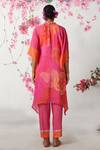 Shop Basil Leaf Pink Chiffon Embroidery V-neck Rose Bloom Print Kaftan With Pant at Aza Fashions Shop_Basil Leaf_Pink Chiffon Embroidery V-neck Rose Bloom Print Kaftan With Pant_at_Aza_Fashions