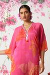 Buy Basil Leaf Pink Chiffon Embroidery V-neck Rose Bloom Print Kaftan With Pant Buy_Basil Leaf_Pink Chiffon Embroidery V-neck Rose Bloom Print Kaftan With Pant
