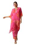 Shop Basil Leaf Pink Chiffon Embroidery V-neck Rose Bloom Print Kaftan With Pant Shop_Basil Leaf_Pink Chiffon Embroidery V-neck Rose Bloom Print Kaftan With Pant