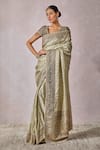 Tarun Tahiliani_Green Blouse Silk Dupion Woven Geometric V Neck Saree With_at_Aza_Fashions